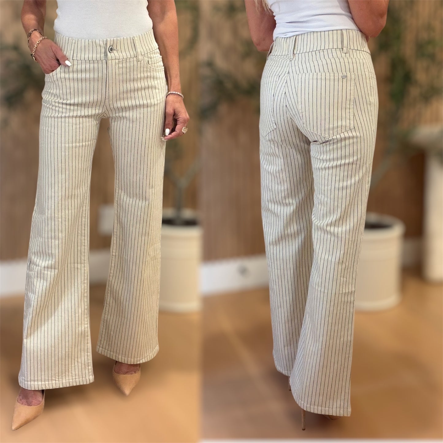 Sarah Beige Blue Stripe